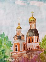 Картина акварелью: Церковь Животворящей Троицы в Усадьбе Свиблово, Москва — архитектурный пейзаж ручной работы K15 купить в Москве