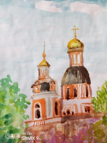 Картина акварелью: Церковь Животворящей Троицы в Усадьбе Свиблово, Москва — архитектурный пейзаж ручной работы K15 купить в Москве