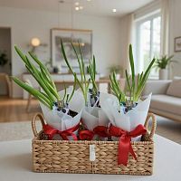 5 подснежников в белом фетре с красной лентой KM578 купить в Москве